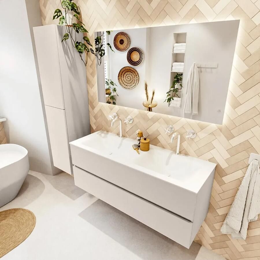 Mondiaz VICA 130cm badmeubel onderkast Linen 2 lades. Wastafel CLOUD dubbel 2 kraangaten kleur Talc.