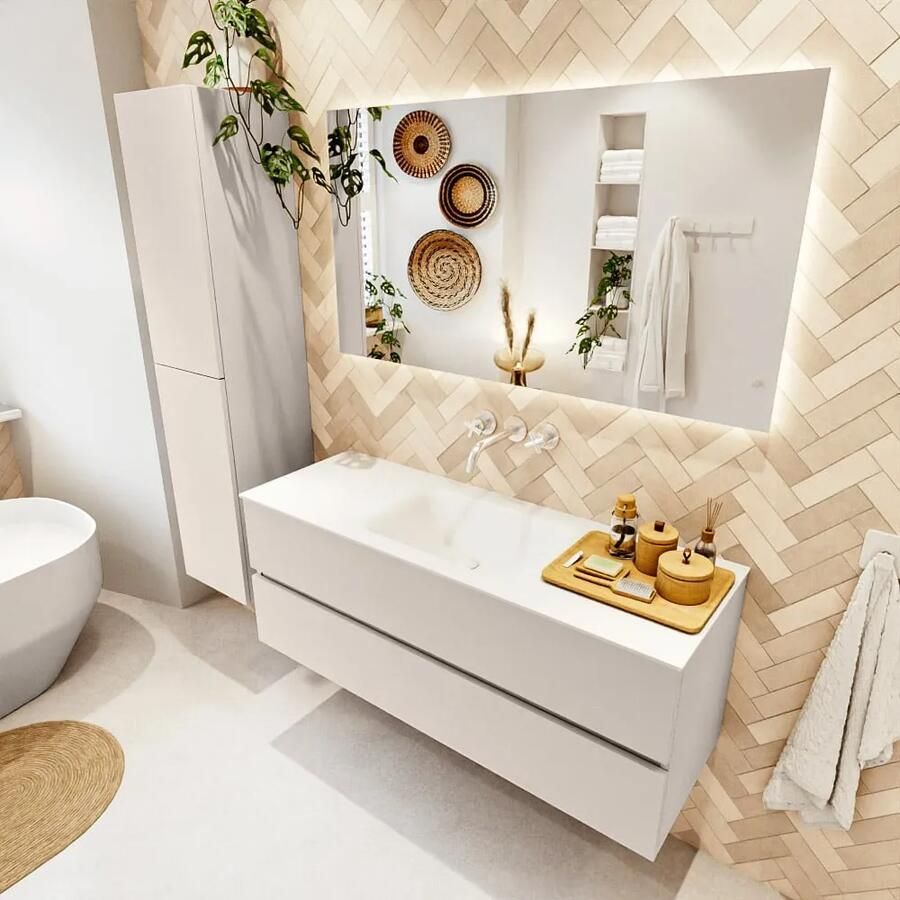 Mondiaz VICA 130cm badmeubel onderkast Linen 2 lades. Wastafel CLOUD midden zonder kraangat kleur Talc. - Foto 2