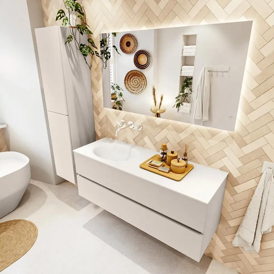 Mondiaz VICA 130cm badmeubel onderkast Linen 2 lades. Wastafel MOON links zonder kraangat kleur Talc.