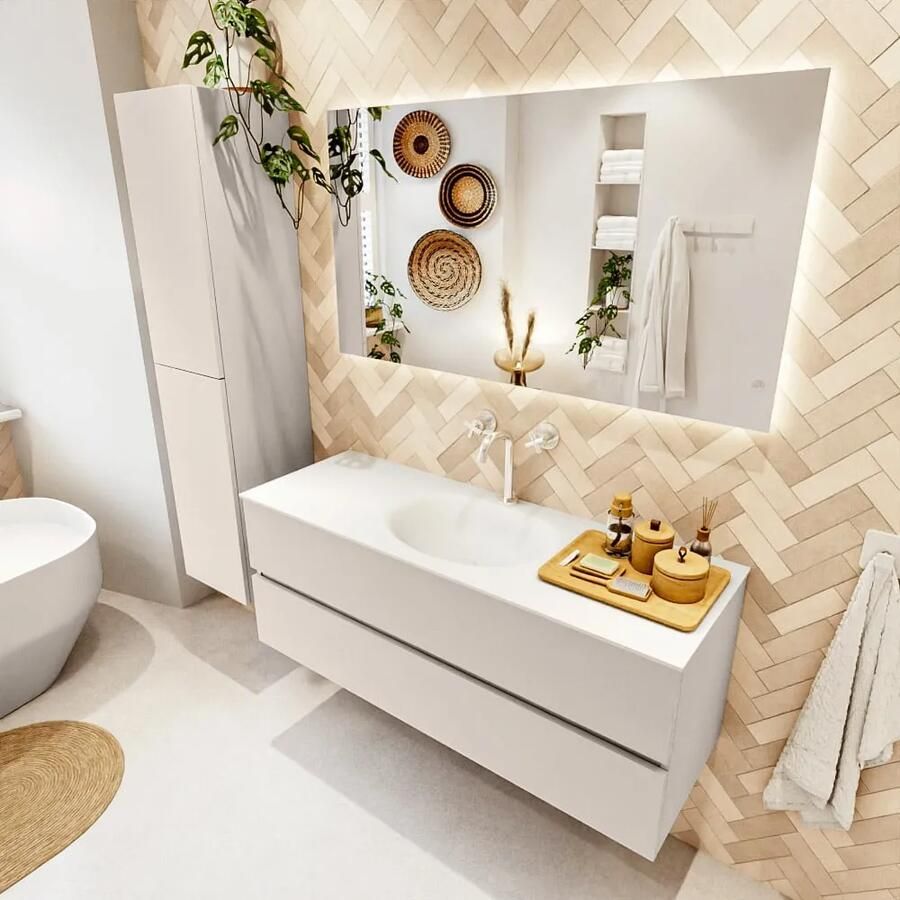 Mondiaz VICA 130cm badmeubel onderkast Linen 2 lades. Wastafel MOON midden 1 kraangat kleur Talc.