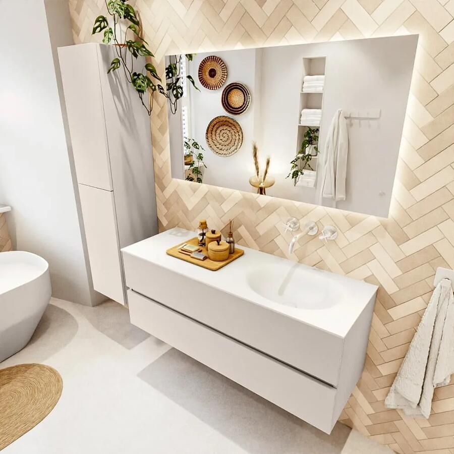 Mondiaz VICA 130cm badmeubel onderkast Linen 2 lades. Wastafel MOON rechts zonder kraangat kleur Talc. - Foto 2