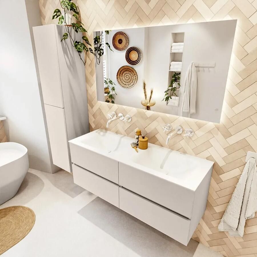 Mondiaz VICA 130cm badmeubel onderkast Linen 4 lades. Wastafel CLOUD dubbel zonder kraangat kleur Talc. - Foto 2