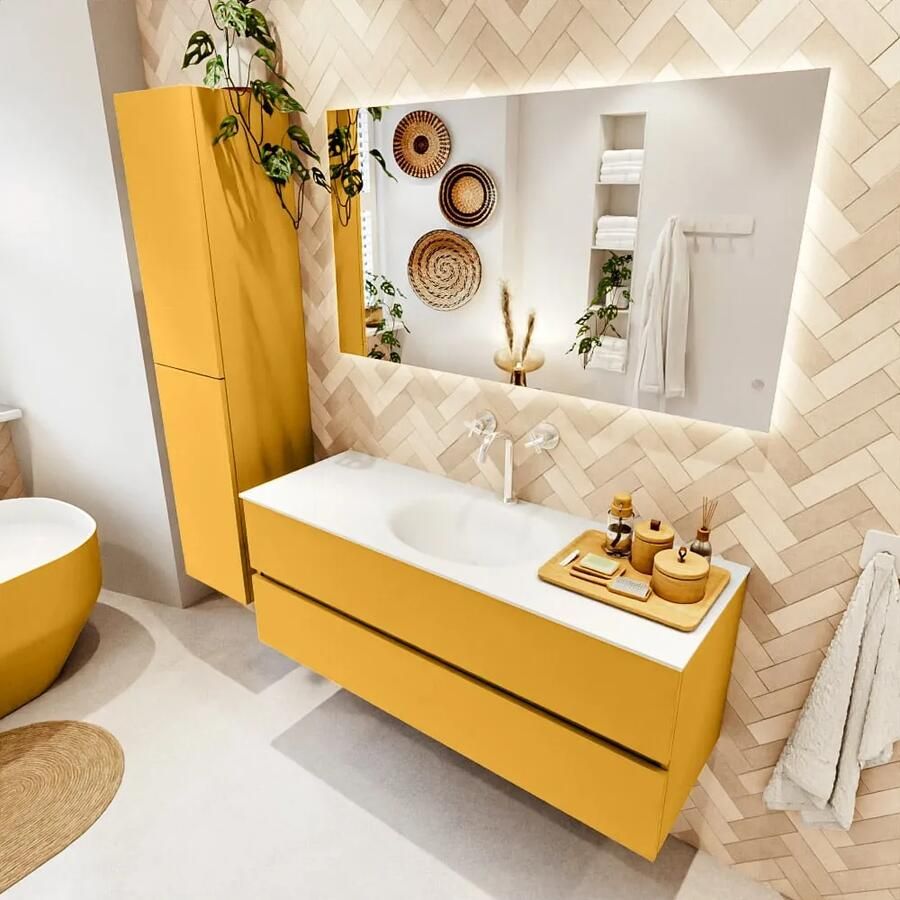 Mondiaz VICA 130cm badmeubel onderkast Ocher 2 lades. Wastafel MOON midden 1 kraangat kleur Talc.