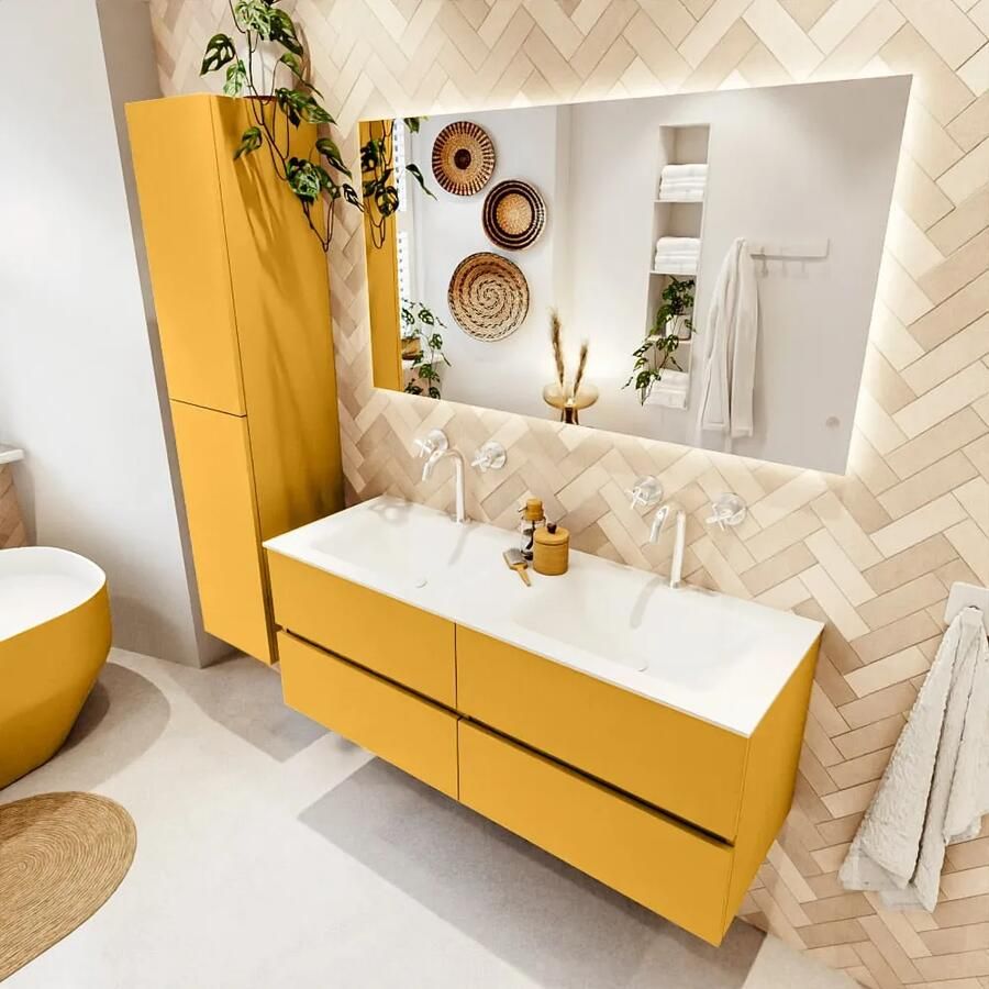 Mondiaz VICA 130cm badmeubel onderkast Ocher 4 lades. Wastafel CLOUD dubbel 2 kraangaten kleur Talc.