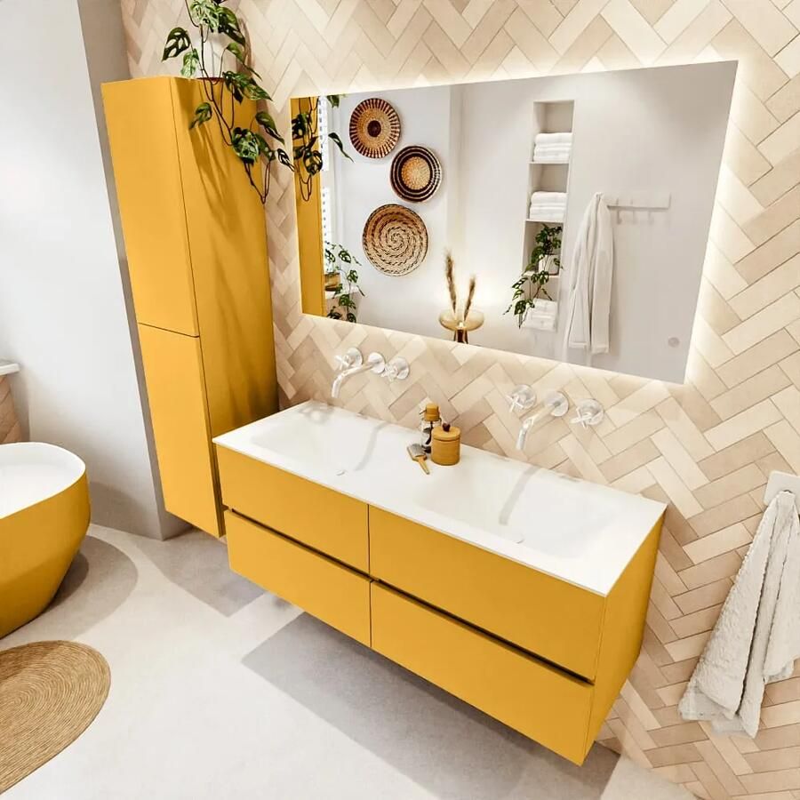 Mondiaz VICA 130cm badmeubel onderkast Ocher 4 lades. Wastafel CLOUD dubbel zonder kraangat kleur Talc.