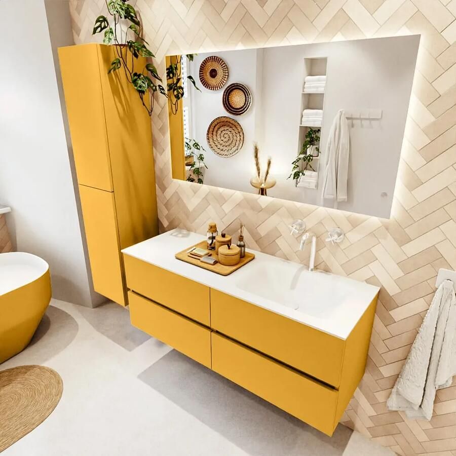 Mondiaz VICA 130cm badmeubel onderkast Ocher 4 lades. Wastafel CLOUD rechts 1 kraangat kleur Talc.