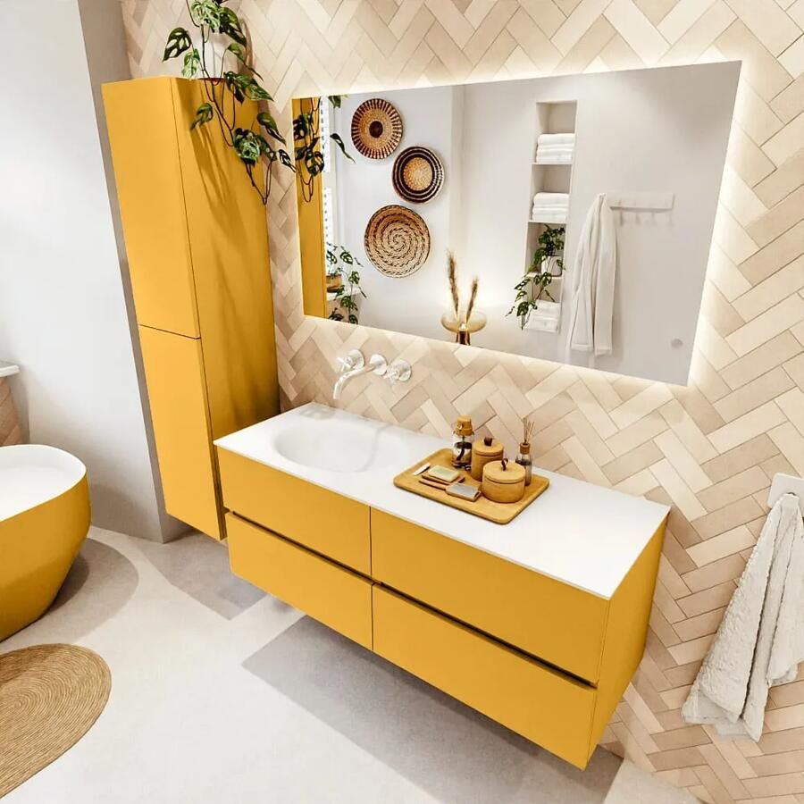Mondiaz VICA 130cm badmeubel onderkast Ocher 4 lades. Wastafel MOON links zonder kraangat kleur Talc.