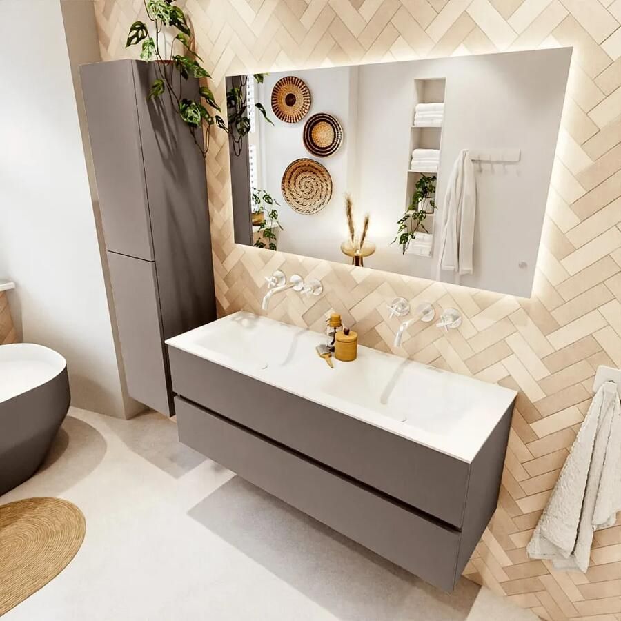 Mondiaz VICA 130cm badmeubel onderkast Smoke 2 lades. Wastafel CLOUD dubbel zonder kraangat kleur Talc.