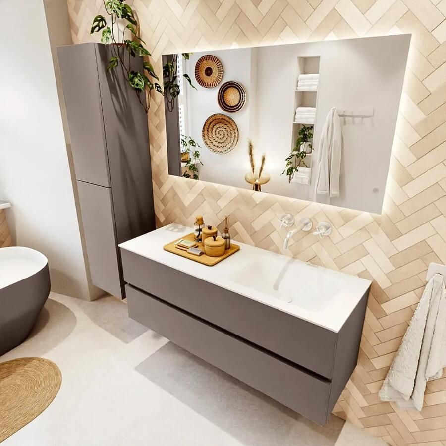 Mondiaz VICA 130cm badmeubel onderkast Smoke 2 lades. Wastafel CLOUD rechts zonder kraangat kleur Talc.