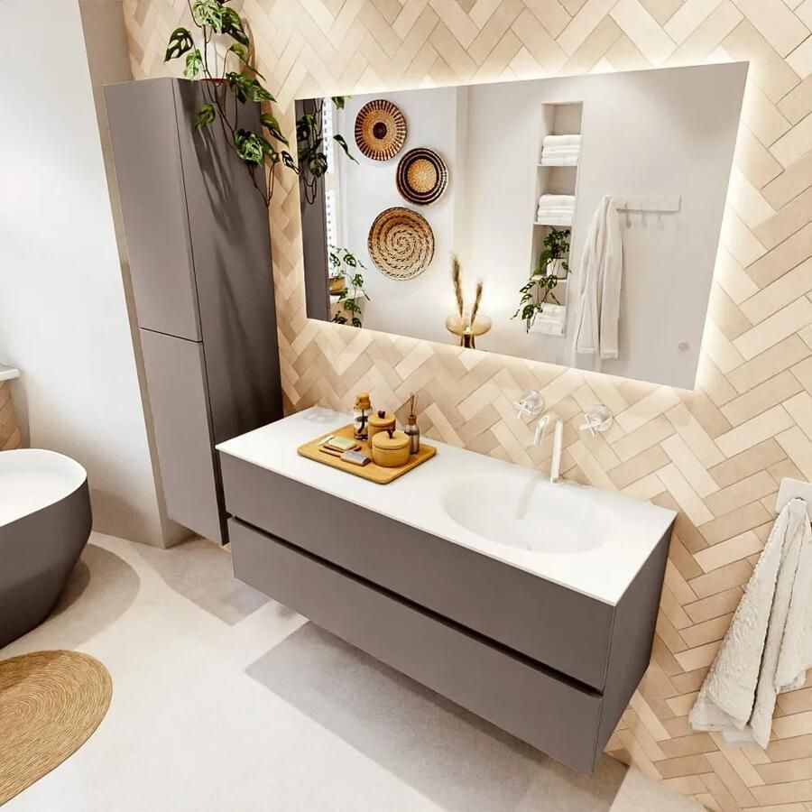 Mondiaz VICA 130cm badmeubel onderkast Smoke 2 lades. Wastafel MOON rechts 1 kraangat kleur Talc.