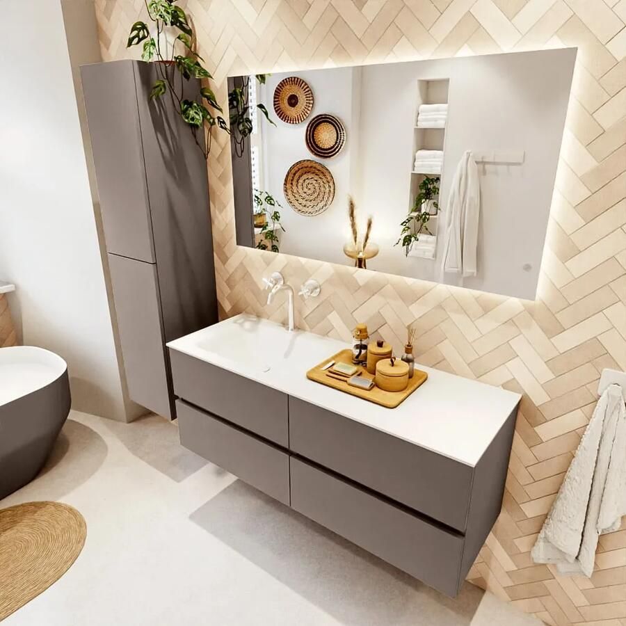 Mondiaz VICA 130cm badmeubel onderkast Smoke 4 lades. Wastafel CLOUD links 1 kraangat kleur Talc.