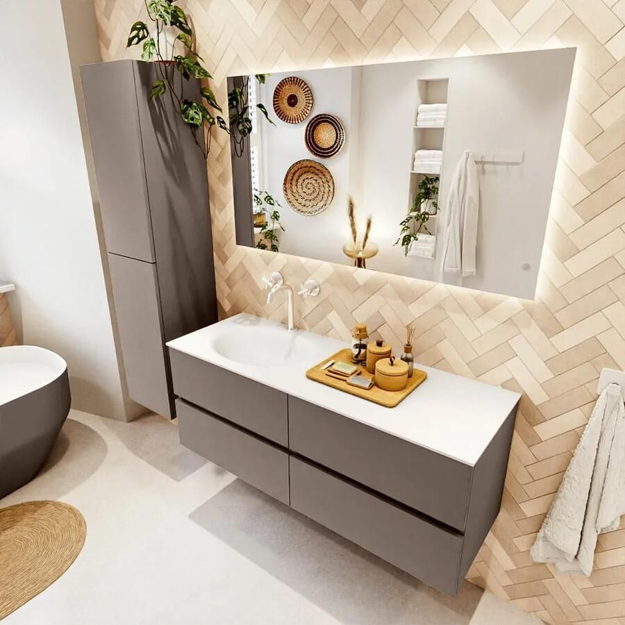 Mondiaz VICA 130cm badmeubel onderkast Smoke 4 lades. Wastafel MOON links 1 kraangat kleur Talc.