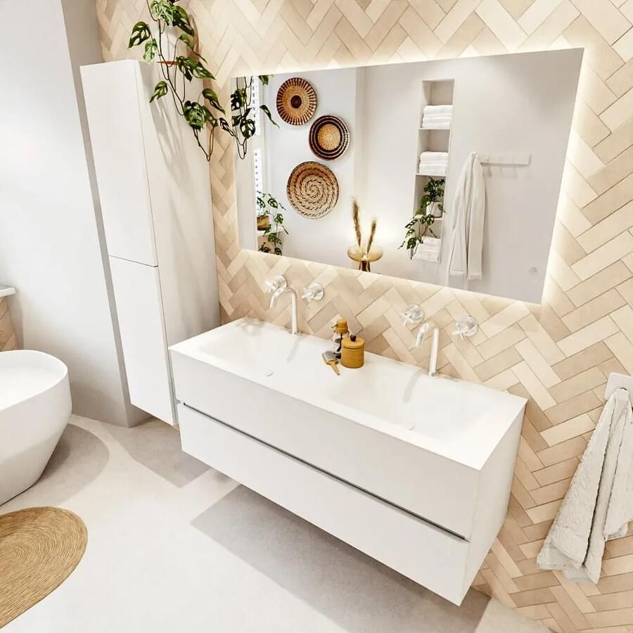 Mondiaz VICA 130cm badmeubel onderkast Talc 2 lades. Wastafel CLOUD dubbel 2 kraangaten kleur Talc.