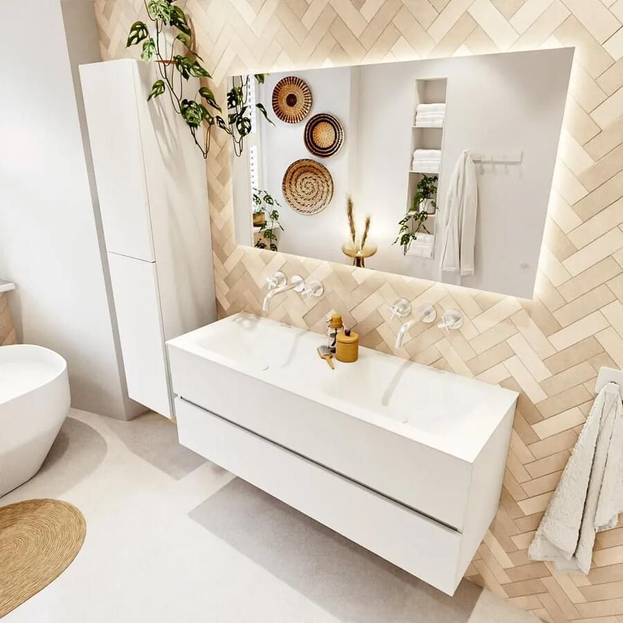 Mondiaz VICA 130cm badmeubel onderkast Talc 2 lades. Wastafel CLOUD dubbel zonder kraangat kleur Talc.