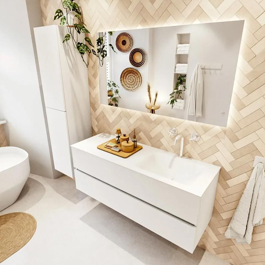 Mondiaz VICA 130cm badmeubel onderkast Talc 2 lades. Wastafel CLOUD rechts 1 kraangat kleur Talc.