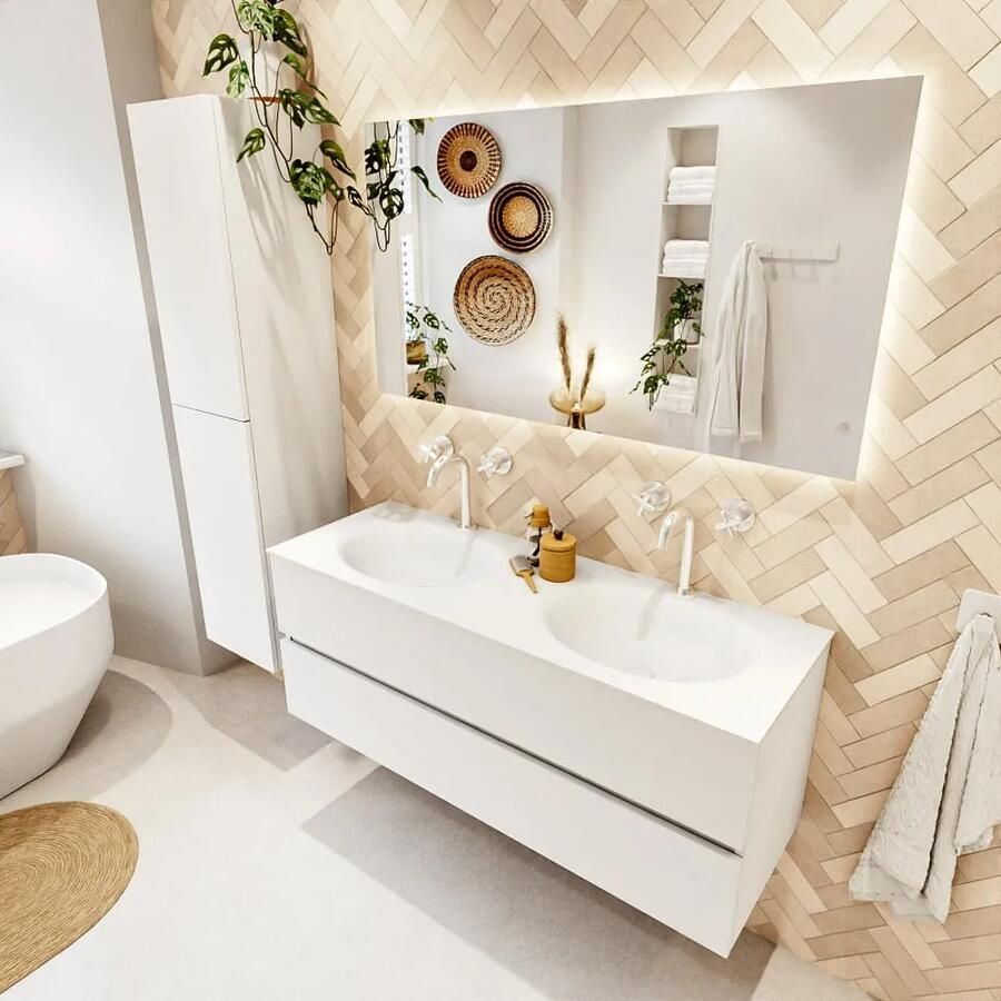 Mondiaz VICA 130cm badmeubel onderkast Talc 2 lades. Wastafel MOON dubbel 2 kraangaten kleur Talc.