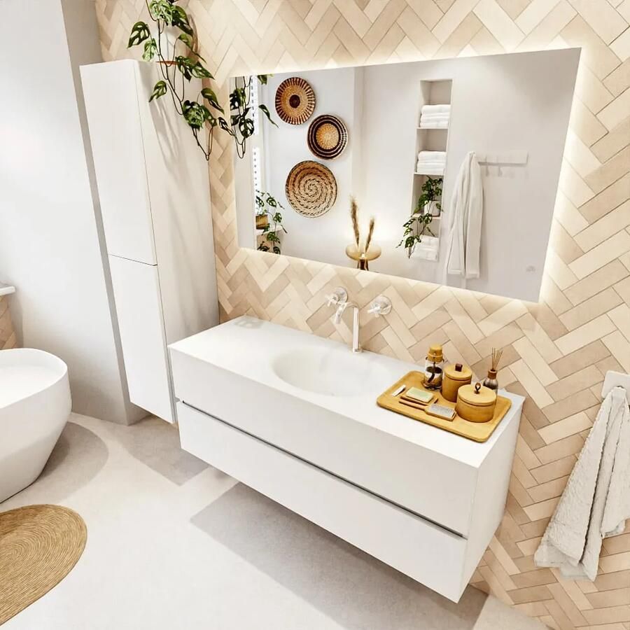 Mondiaz VICA 130cm badmeubel onderkast Talc 2 lades. Wastafel MOON midden 1 kraangat kleur Talc.