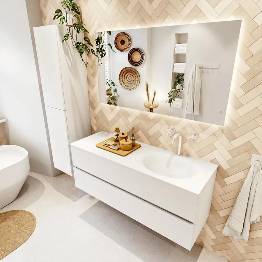 Mondiaz VICA 130cm badmeubel onderkast Talc 2 lades. Wastafel MOON rechts 1 kraangat kleur Talc.