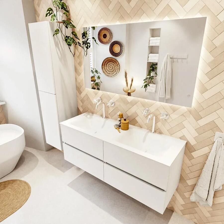 Mondiaz VICA 130cm badmeubel onderkast Talc 4 lades. Wastafel CLOUD dubbel 2 kraangaten kleur Talc.