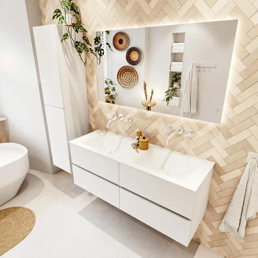 Mondiaz VICA 130cm badmeubel onderkast Talc 4 lades. Wastafel CLOUD dubbel zonder kraangat kleur Talc.