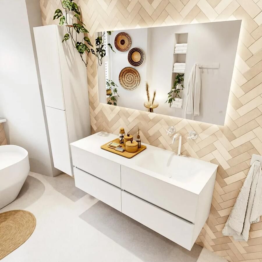 Mondiaz VICA 130cm badmeubel onderkast Talc 4 lades. Wastafel CLOUD rechts 1 kraangat kleur Talc.