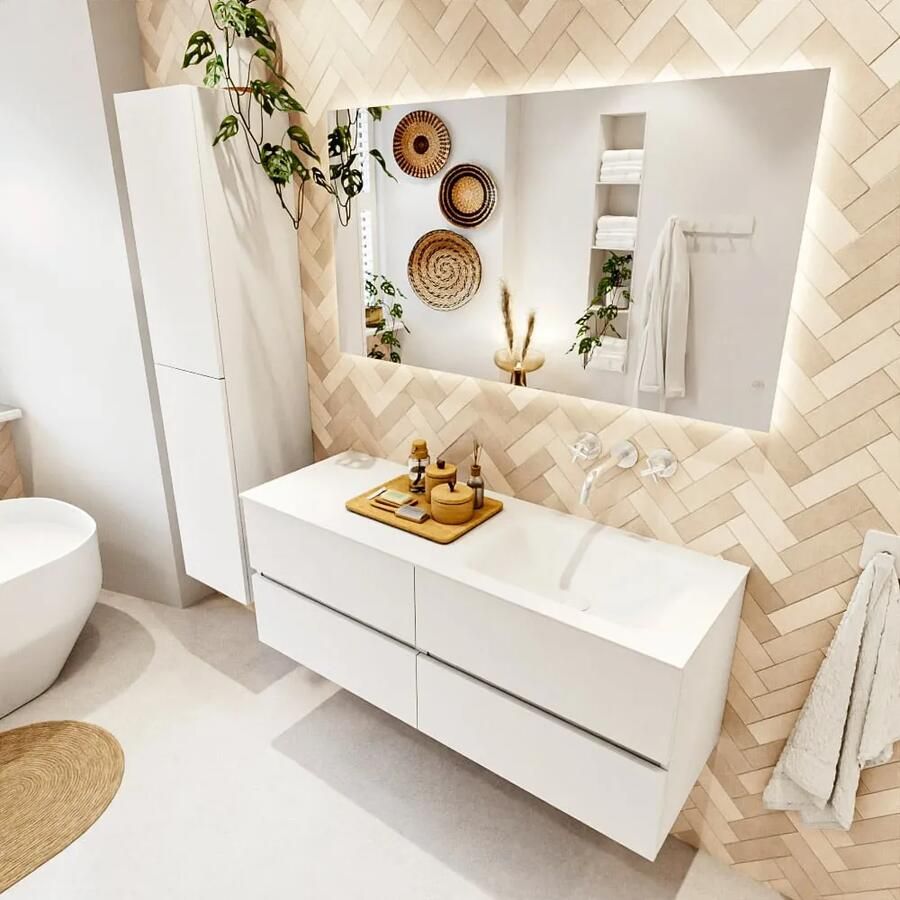 Mondiaz VICA 130cm badmeubel onderkast Talc 4 lades. Wastafel CLOUD rechts zonder kraangat kleur Talc.