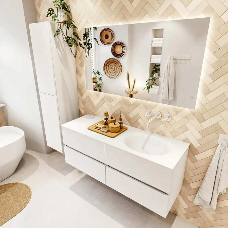 Mondiaz VICA 130cm badmeubel onderkast Talc 4 lades. Wastafel MOON rechts zonder kraangat kleur Talc.