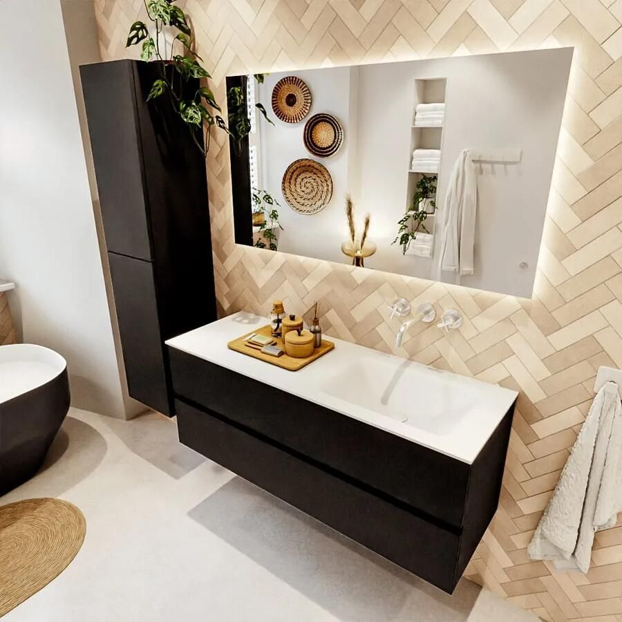 Mondiaz VICA 130cm badmeubel onderkast Urban 2 lades. Wastafel CLOUD rechts zonder kraangat kleur Talc.