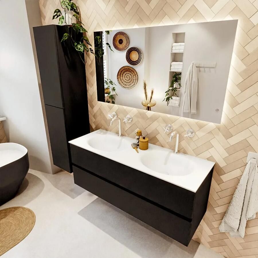 Mondiaz VICA 130cm badmeubel onderkast Urban 2 lades. Wastafel MOON dubbel 2 kraangaten kleur Talc.