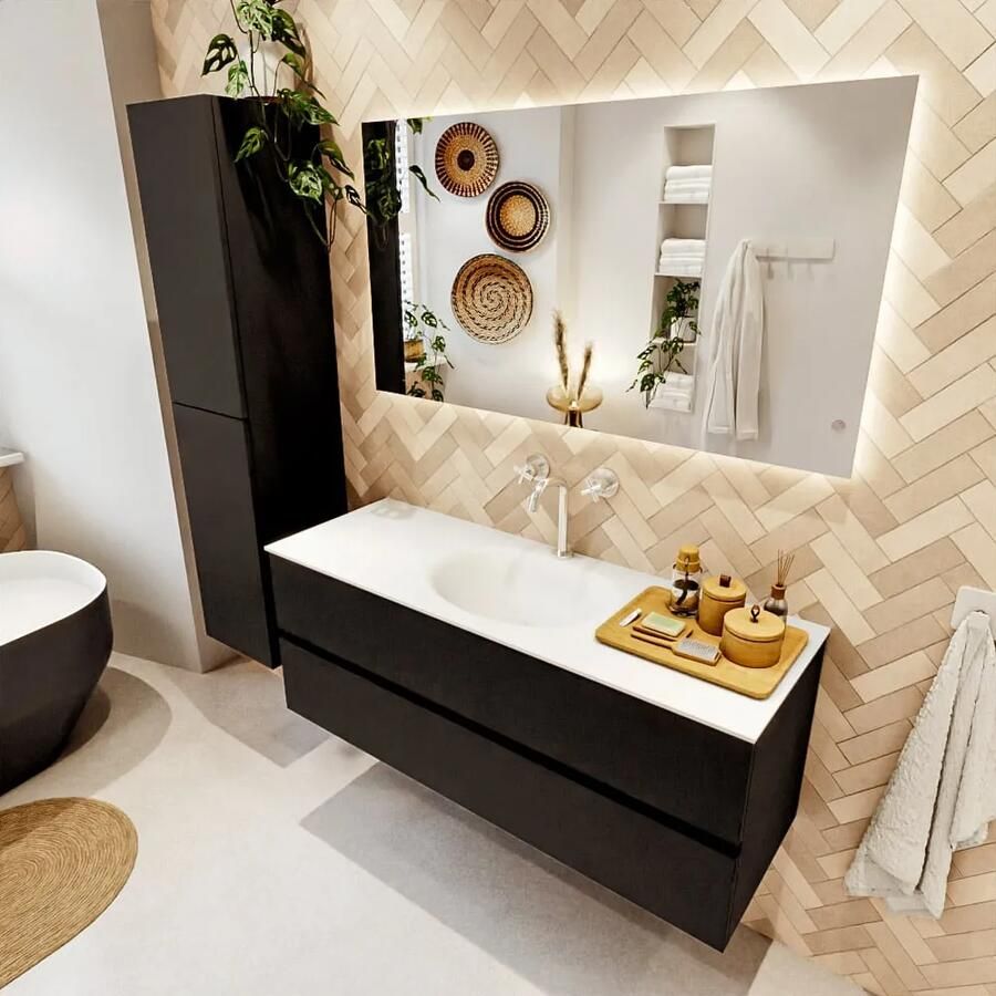 Mondiaz VICA 130cm badmeubel onderkast Urban 2 lades. Wastafel MOON midden 1 kraangat kleur Talc.