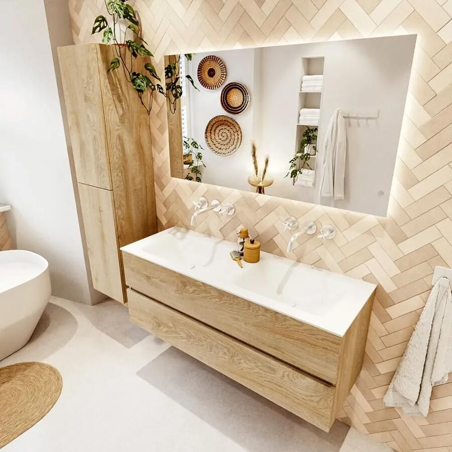 Mondiaz VICA 130cm badmeubel onderkast Washed Oak 2 lades. Wastafel CLOUD dubbel zonder kraangat kleur Talc. - Foto 2