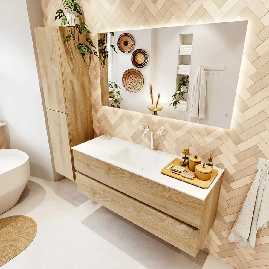 Mondiaz VICA 130cm badmeubel onderkast Washed Oak 2 lades. Wastafel CLOUD midden 1 kraangat kleur Talc.