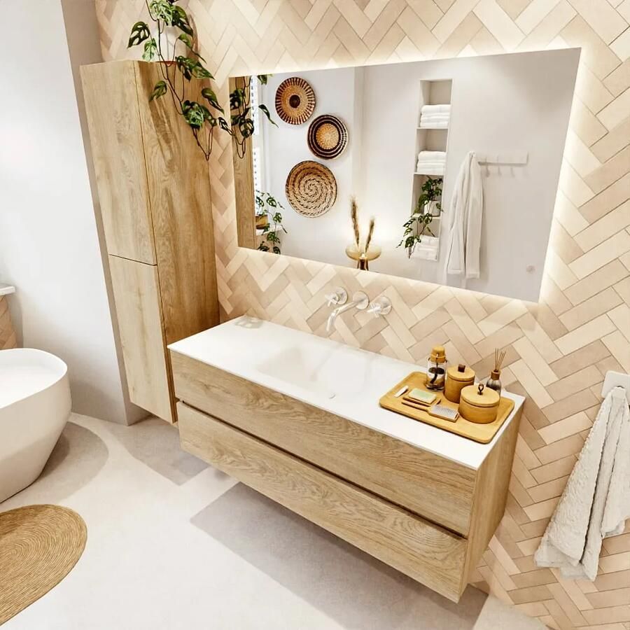 Mondiaz VICA 130cm badmeubel onderkast Washed Oak 2 lades. Wastafel CLOUD midden zonder kraangat kleur Talc.