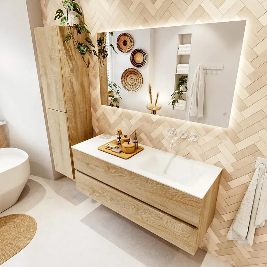 Mondiaz VICA 130cm badmeubel onderkast Washed Oak 2 lades. Wastafel CLOUD rechts zonder kraangat kleur Talc.