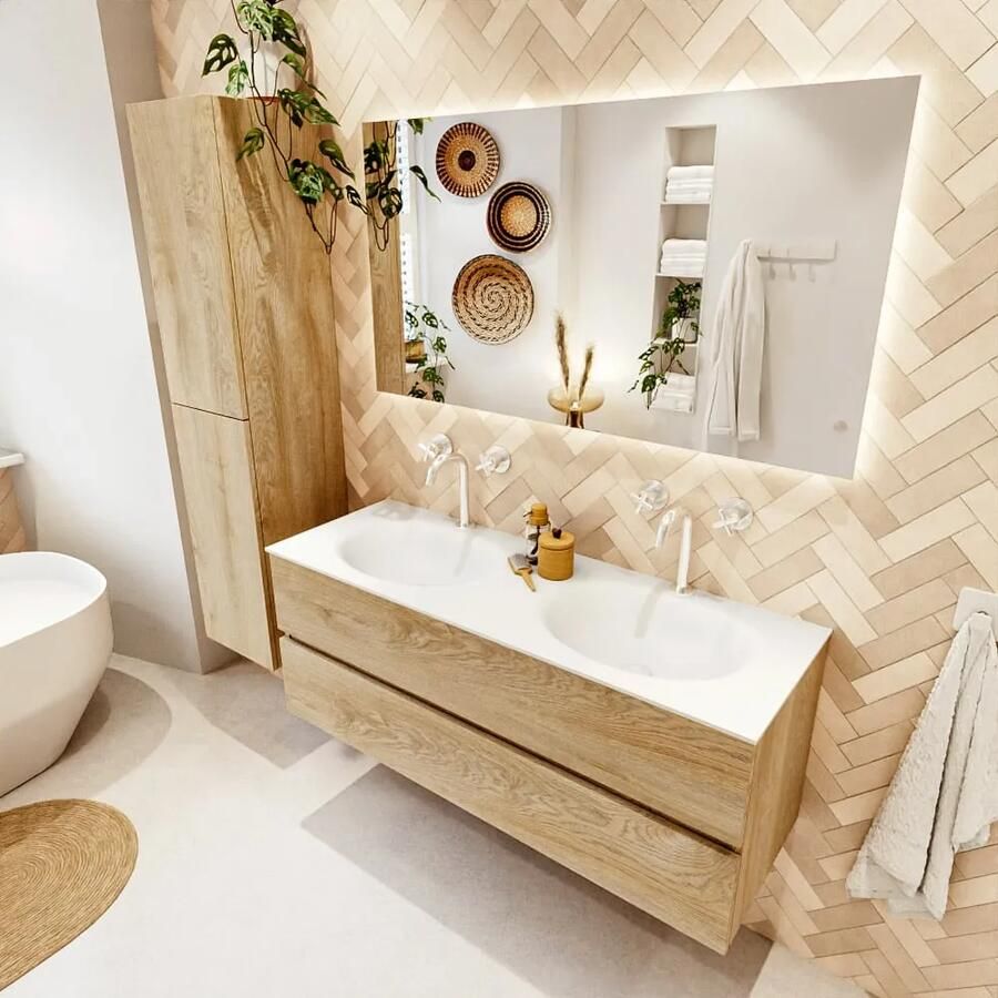 Mondiaz VICA 130cm badmeubel onderkast Washed Oak 2 lades. Wastafel MOON dubbel 2 kraangaten kleur Talc.