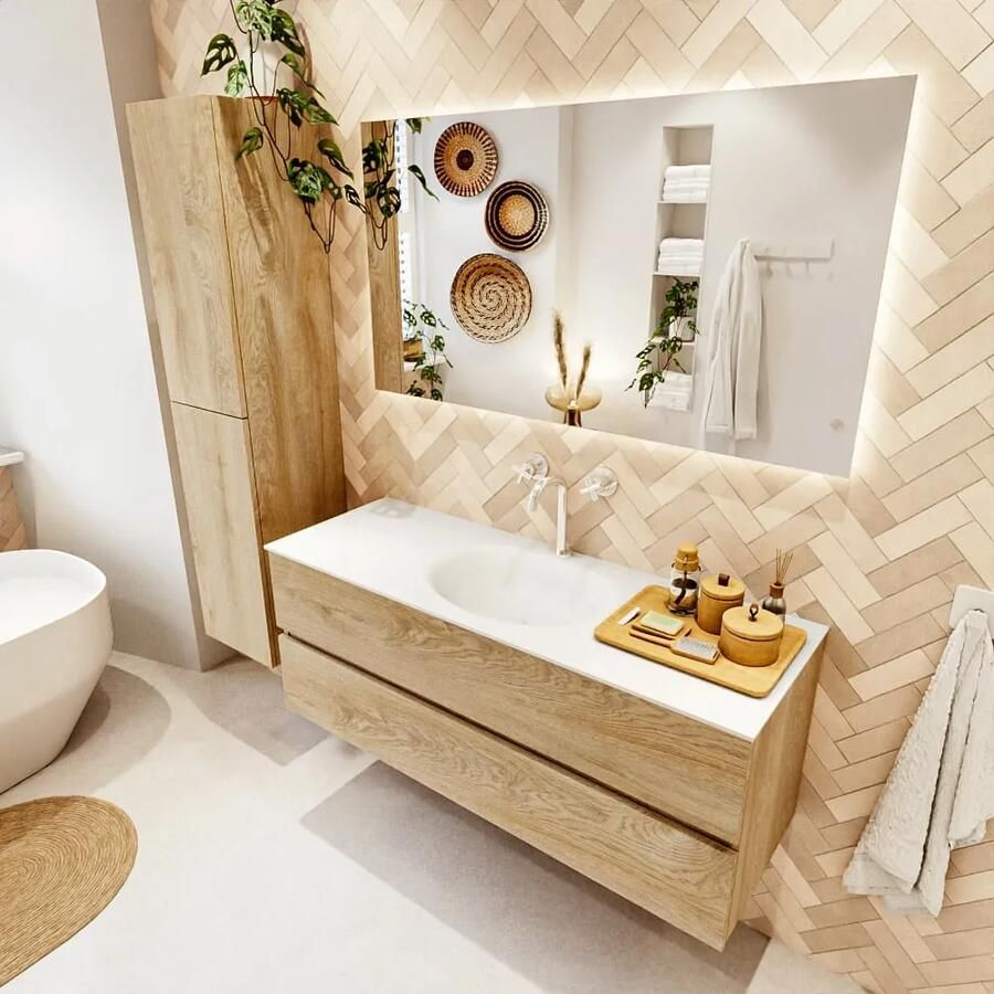 Mondiaz VICA 130cm badmeubel onderkast Washed Oak 2 lades. Wastafel MOON midden 1 kraangat kleur Talc.