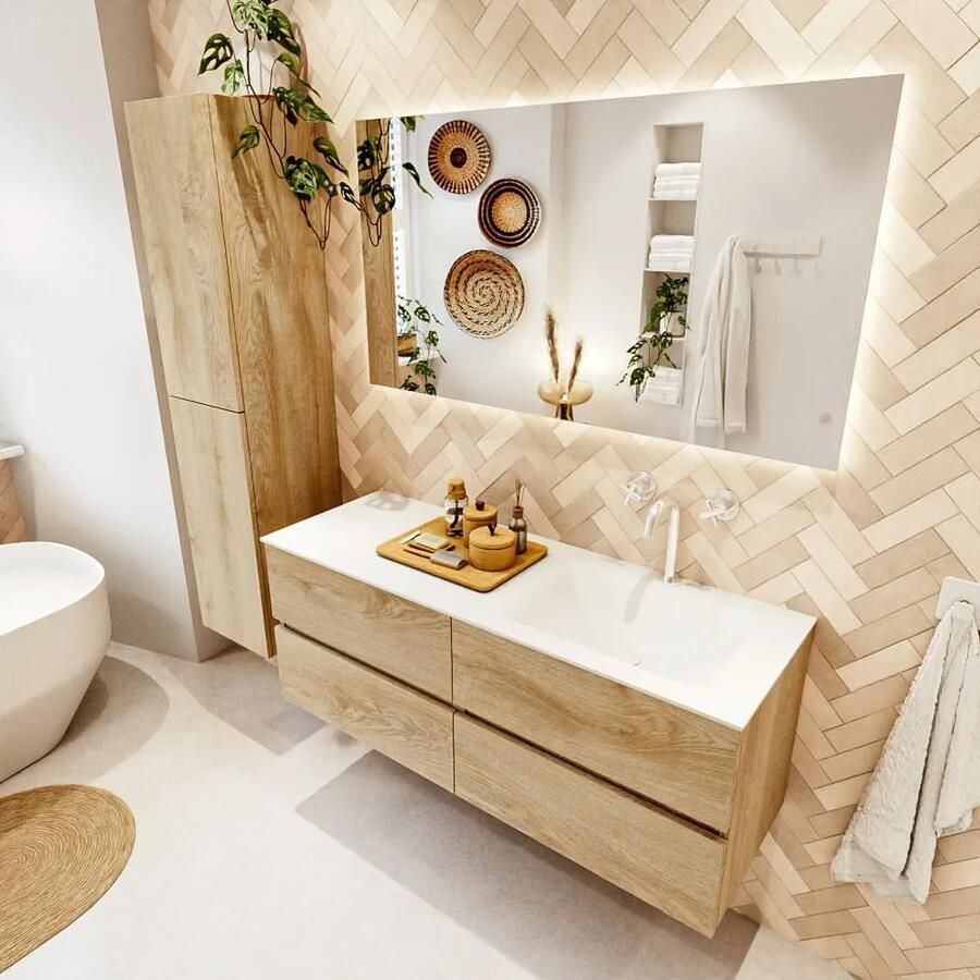 Mondiaz VICA 130cm badmeubel onderkast Washed Oak 4 lades. Wastafel CLOUD rechts 1 kraangat kleur Talc.