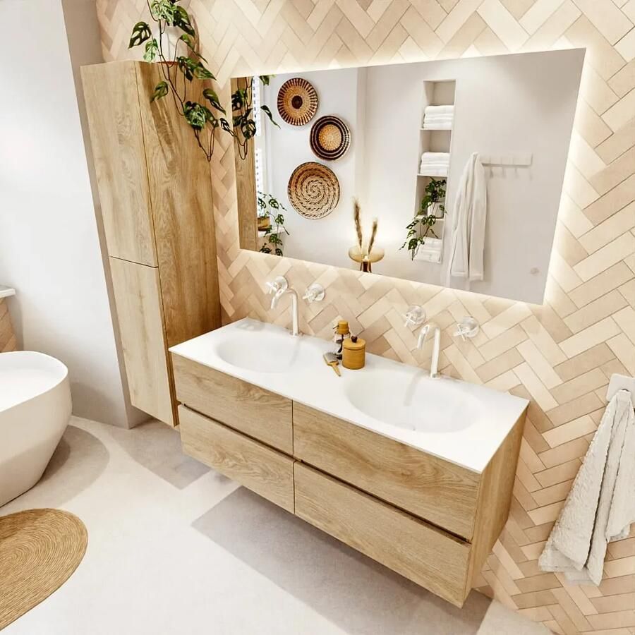 Mondiaz VICA 130cm badmeubel onderkast Washed Oak 4 lades. Wastafel MOON dubbel 2 kraangaten kleur Talc.