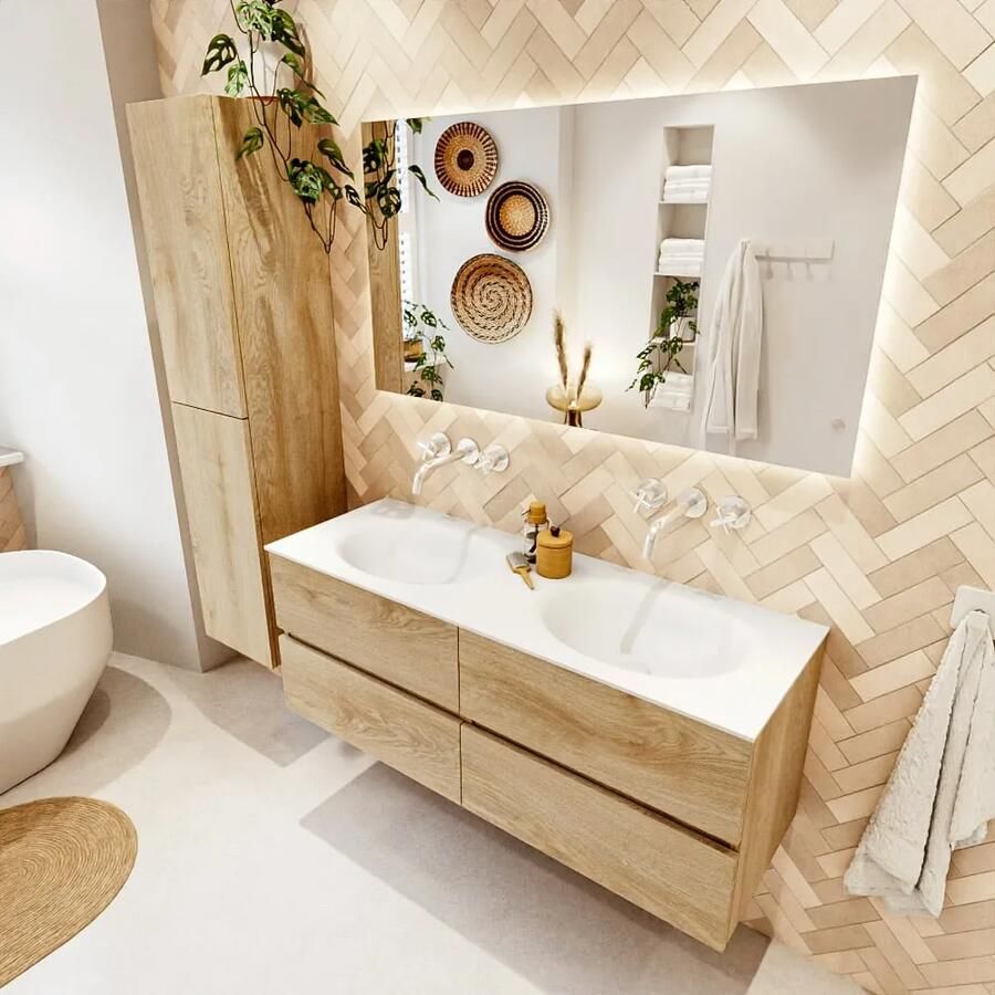 Mondiaz VICA 130cm badmeubel onderkast Washed Oak 4 lades. Wastafel MOON dubbel zonder kraangat kleur Talc.