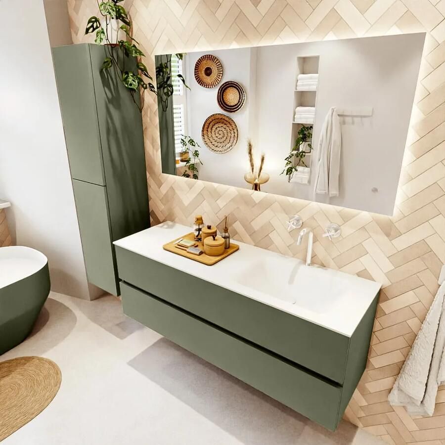 Mondiaz VICA 140cm badmeubel onderkast Army 2 lades. Wastafel CLOUD rechts 1 kraangat kleur Talc.