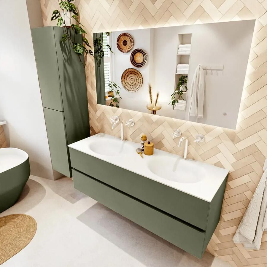 Mondiaz VICA 140cm badmeubel onderkast Army 2 lades. Wastafel MOON dubbel 2 kraangaten kleur Talc. - Foto 2