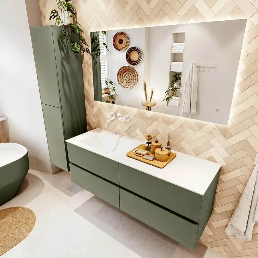 Mondiaz VICA 140cm badmeubel onderkast Army 4 lades. Wastafel CLOUD links zonder kraangat kleur Talc.