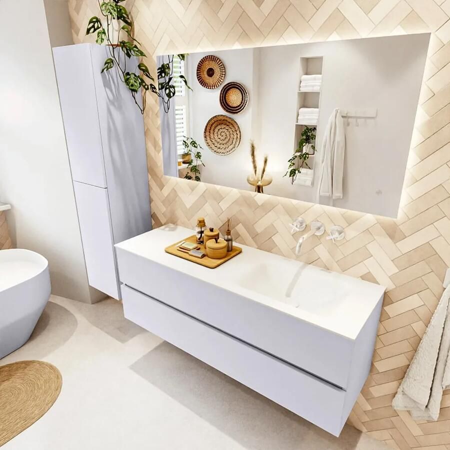 Mondiaz VICA 140cm badmeubel onderkast Cale 2 lades. Wastafel CLOUD rechts zonder kraangat kleur Talc.