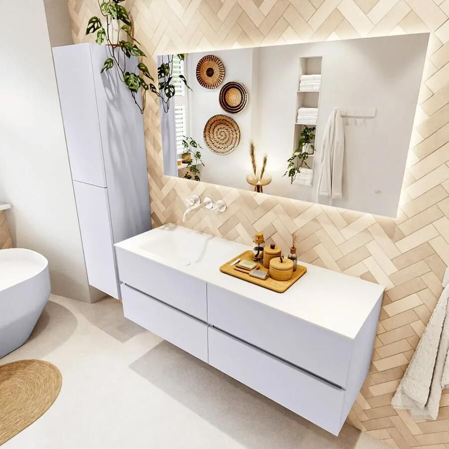 Mondiaz VICA 140cm badmeubel onderkast Cale 4 lades. Wastafel CLOUD links zonder kraangat kleur Talc.