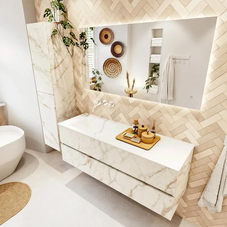 Mondiaz VICA 140cm badmeubel onderkast Carrara 2 lades. Wastafel CLOUD links zonder kraangat kleur Talc.