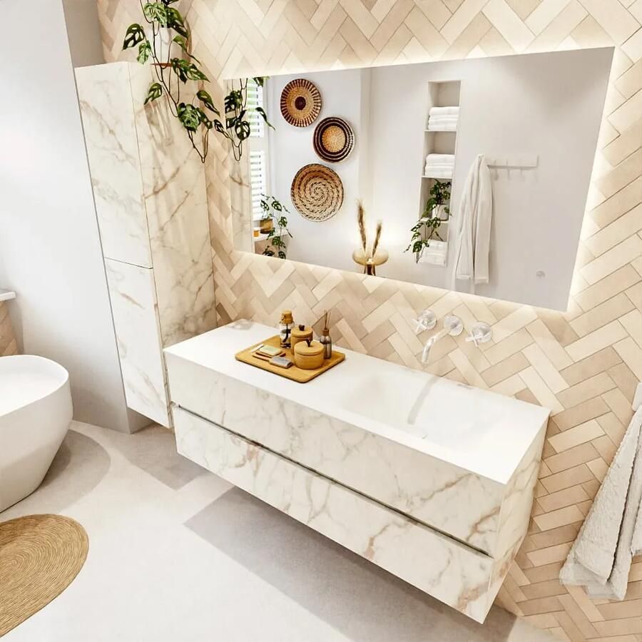 Mondiaz VICA 140cm badmeubel onderkast Carrara 2 lades. Wastafel CLOUD rechts zonder kraangat kleur Talc.