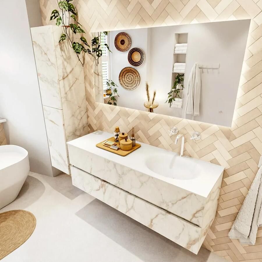 Mondiaz VICA 140cm badmeubel onderkast Carrara 2 lades. Wastafel MOON rechts 1 kraangat kleur Talc. - Foto 2