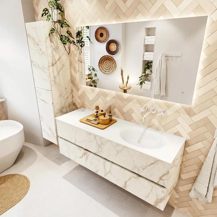 Mondiaz VICA 140cm badmeubel onderkast Carrara 2 lades. Wastafel MOON rechts zonder kraangat kleur Talc. - Foto 2