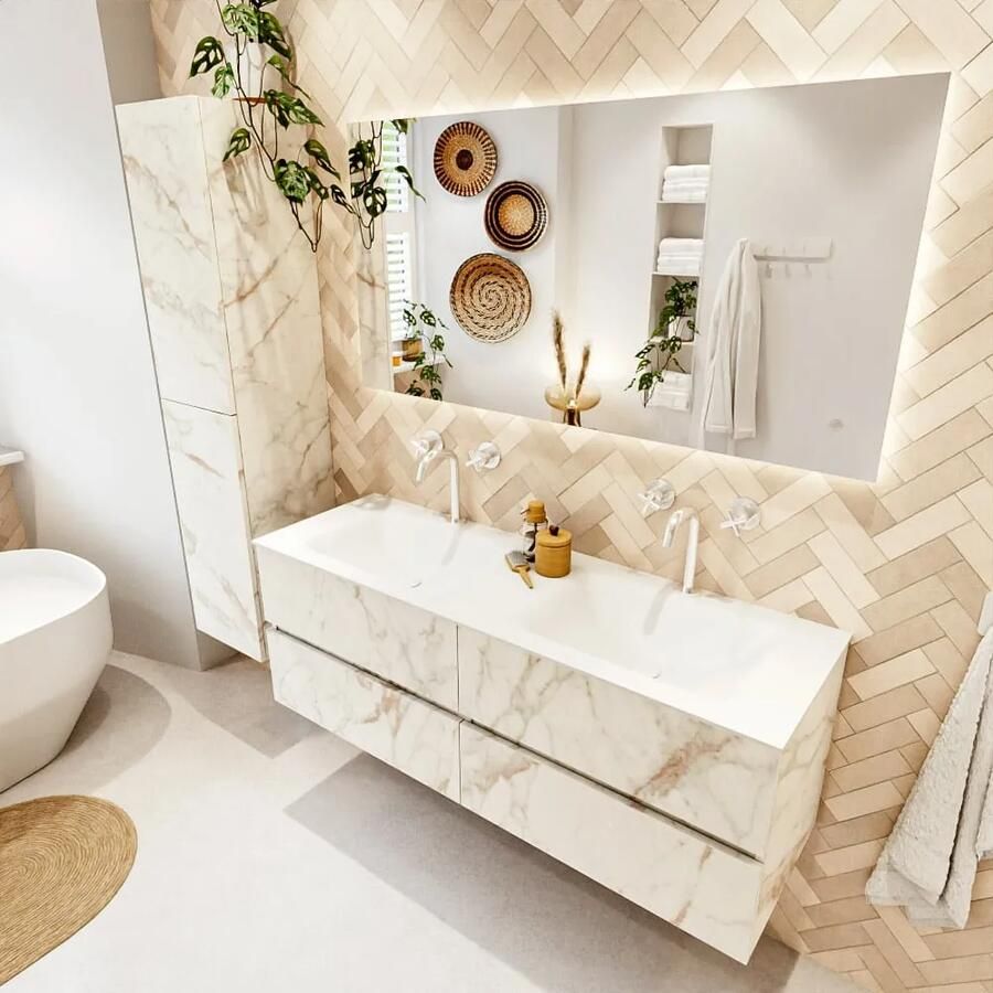 Mondiaz VICA 140cm badmeubel onderkast Carrara 4 lades. Wastafel CLOUD dubbel 2 kraangaten kleur Talc.