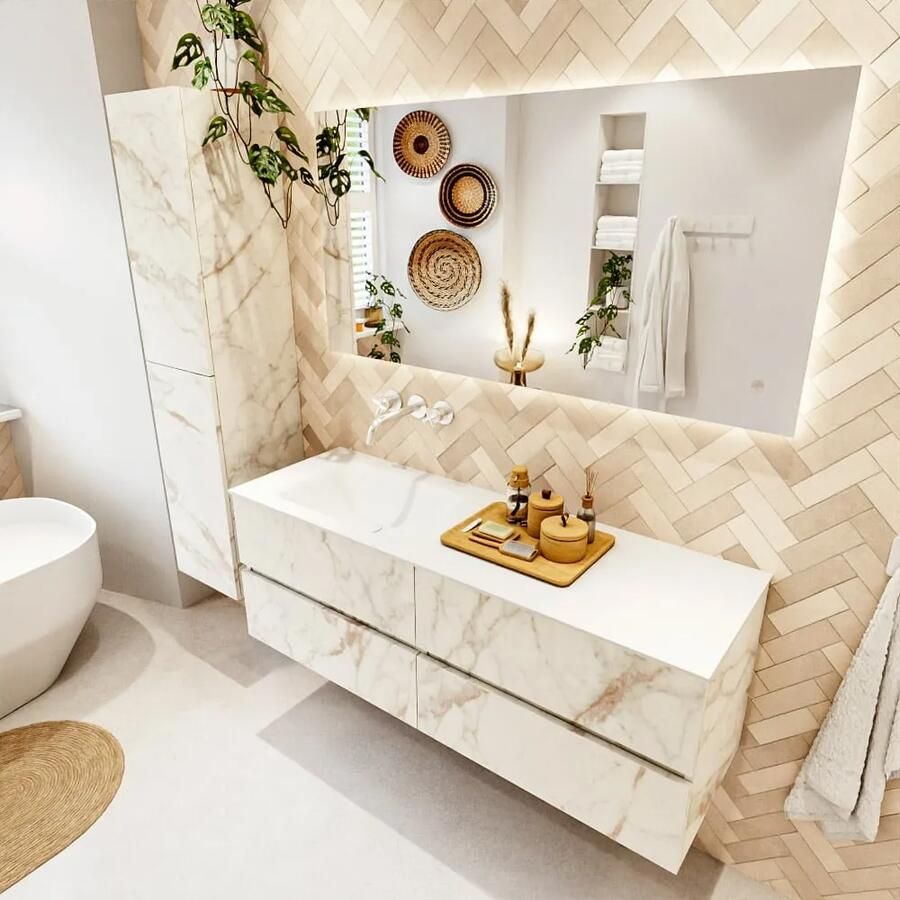 Mondiaz VICA 140cm badmeubel onderkast Carrara 4 lades. Wastafel CLOUD links zonder kraangat kleur Talc. - Foto 2